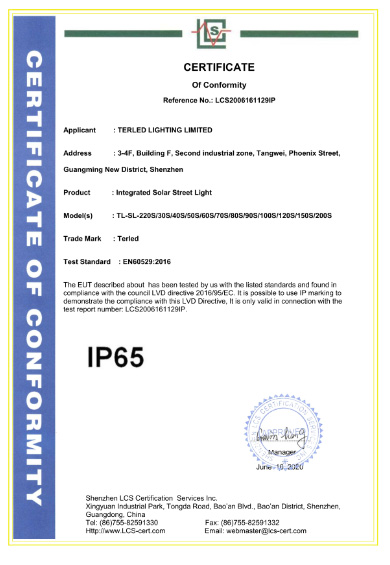 IP65 Certificate